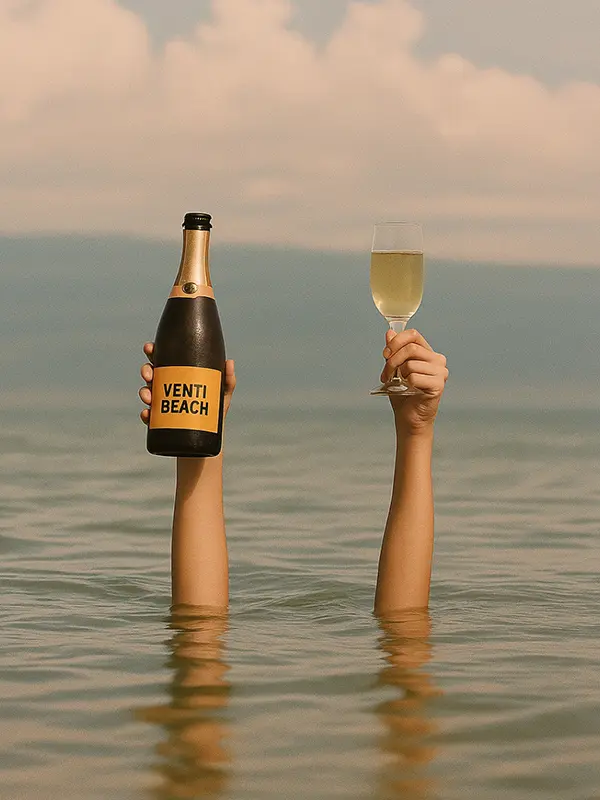 champagnefles en glas boven zeespiegel